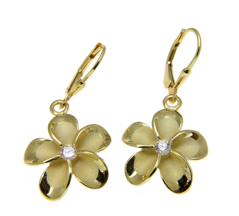 YELLOW GOLD ON SILVER 925 HAWAIIAN PLUMERIA FLOWER LEVERBACK EARRINGS 8MM -18MM