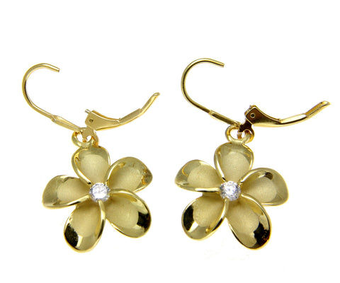 YELLOW GOLD ON SILVER 925 HAWAIIAN PLUMERIA FLOWER LEVERBACK EARRINGS 8MM -18MM