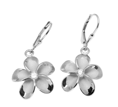 18MM SILVER 925 HAWAIIAN PLUMERIA LEVERBACK EARRINGS RHODIUM