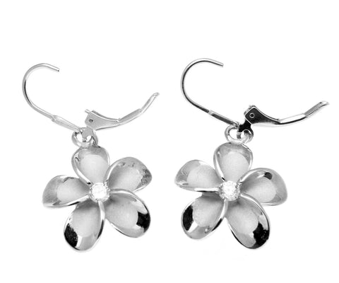 18MM SILVER 925 HAWAIIAN PLUMERIA LEVERBACK EARRINGS RHODIUM