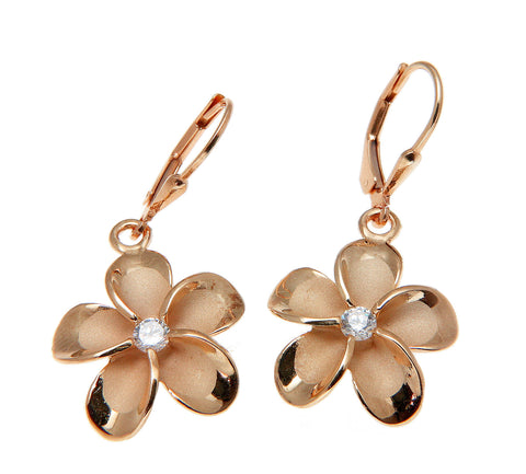 ROSE GOLD ON SILVER 925 HAWAIIAN PLUMERIA FLOWER LEVERBACK EARRINGS 8MM -18MM