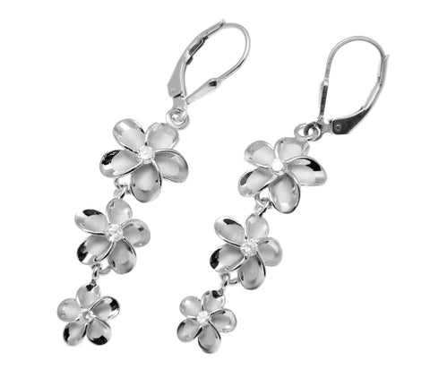 SILVER 925 RHODIUM HAWAIIAN 12MM-10MM-8MM PLUMERIA FLOWER LEVERBACK EARRINGS CZ