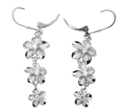 SILVER 925 RHODIUM HAWAIIAN 12MM-10MM-8MM PLUMERIA FLOWER LEVERBACK EARRINGS CZ