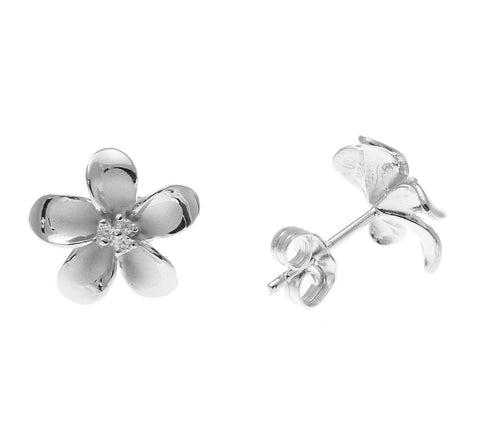 925 Sterling Silver Rhodium Hawaiian Plumeria Flower 3 CZ Stud Post Earrings