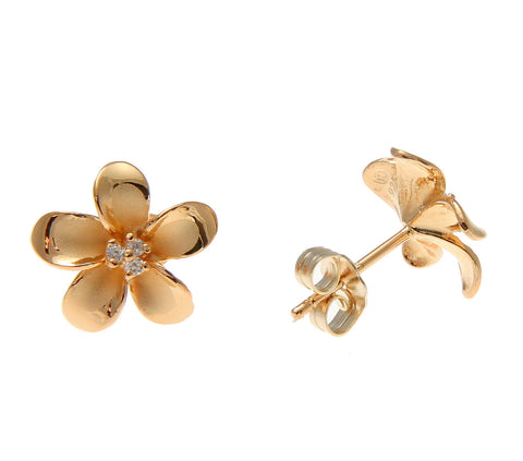 925 Silver Pink Rose Gold Hawaiian Plumeria Flower 3 CZ Stud Post Earrings