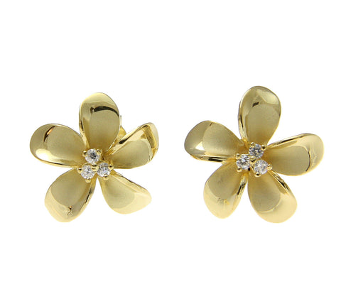 925 Sterling Silver Yellow Gold Hawaiian Plumeria Flower 3 CZ Stud Post Earrings