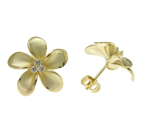 925 Sterling Silver Yellow Gold Hawaiian Plumeria Flower 3 CZ Stud Post Earrings