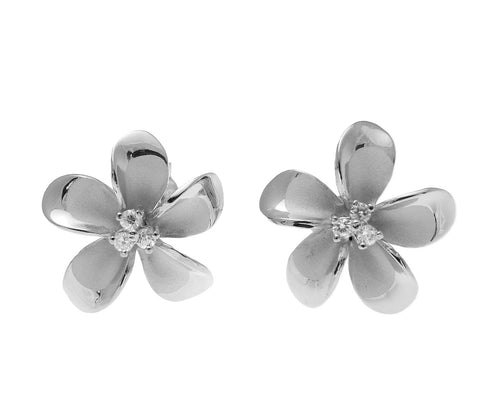 925 Sterling Silver Rhodium Hawaiian Plumeria Flower 3 CZ Stud Post Earrings