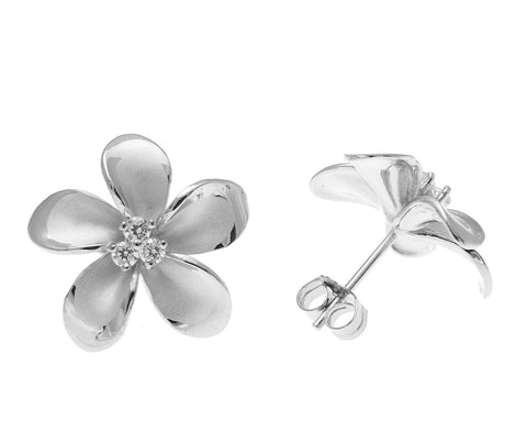 925 Sterling Silver Rhodium Hawaiian Plumeria Flower 3 CZ Stud Post Earrings