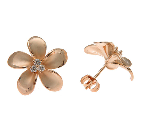 925 Silver Pink Rose Gold Hawaiian Plumeria Flower 3 CZ Stud Post Earrings