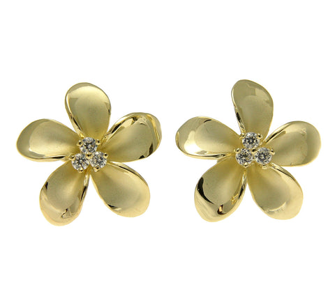 925 Sterling Silver Yellow Gold Hawaiian Plumeria Flower 3 CZ Stud Post Earrings