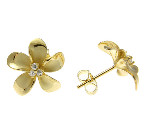 925 Sterling Silver Yellow Gold Hawaiian Plumeria Flower 3 CZ Stud Post Earrings