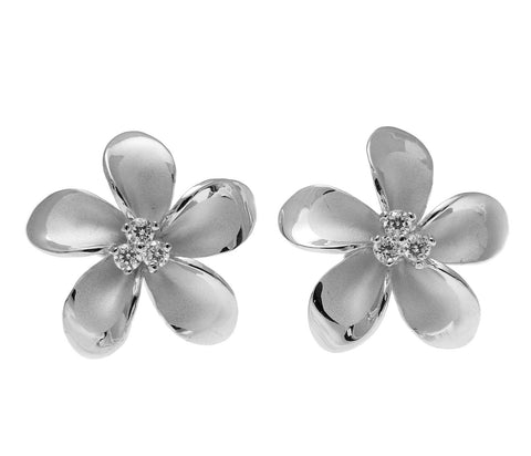 925 Sterling Silver Rhodium Hawaiian Plumeria Flower 3 CZ Stud Post Earrings