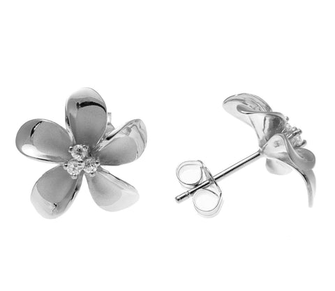 925 Sterling Silver Rhodium Hawaiian Plumeria Flower 3 CZ Stud Post Earrings