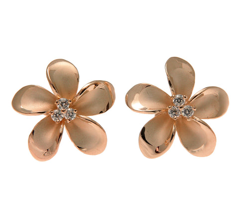 925 Silver Pink Rose Gold Hawaiian Plumeria Flower 3 CZ Stud Post Earrings