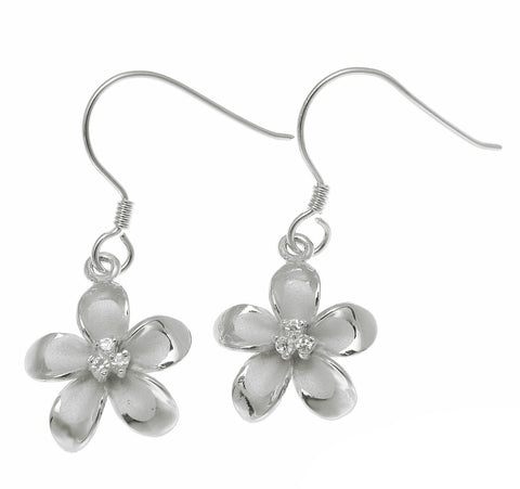 925 Sterling Silver Hawaiian Plumeria Flower 3 CZ Wire Hook Rhodium Earrings