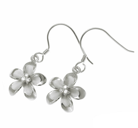 925 Sterling Silver Hawaiian Plumeria Flower 3 CZ Wire Hook Rhodium Earrings