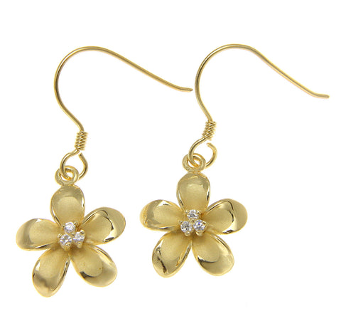 925 Sterling Silver Yellow Gold Hawaiian Plumeria Flower 3 CZ Wire Hook Earrings