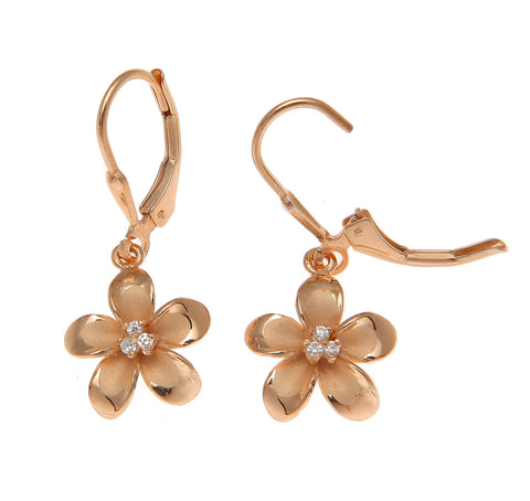 925 silver pink rose gold hawaiian plumeria flower 3 cz leverback earrings