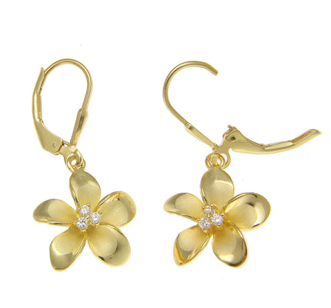 925 Sterling Silver Yellow Gold Hawaiian Plumeria Flower 3 CZ Leverback Earrings