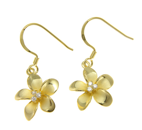 925 Sterling Silver Yellow Gold Hawaiian Plumeria Flower 3 CZ Wire Hook Earrings