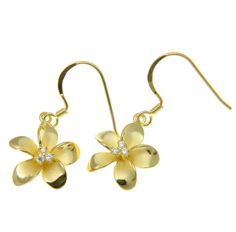 925 Sterling Silver Yellow Gold Hawaiian Plumeria Flower 3 CZ Wire Hook Earrings