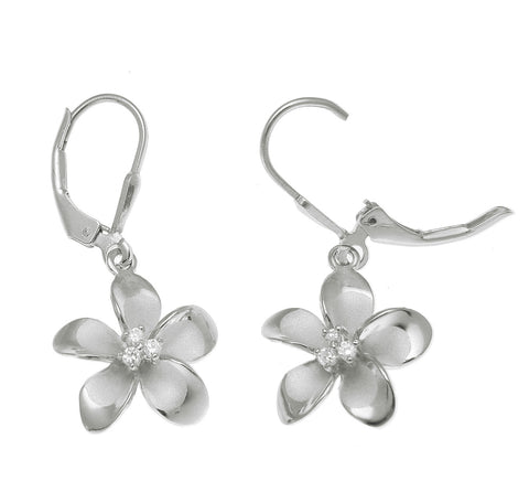 925 Sterling Silver Rhodium Hawaiian Plumeria Flower 3 CZ Leverback Earrings