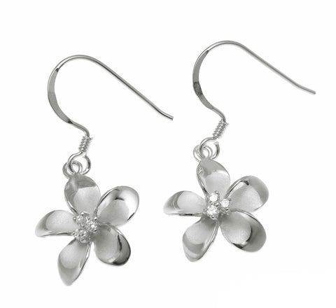 925 Sterling Silver Hawaiian Plumeria Flower 3 CZ Wire Hook Rhodium Earrings