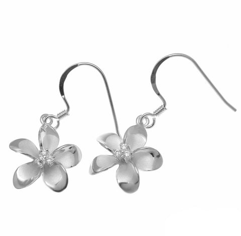 925 Sterling Silver Hawaiian Plumeria Flower 3 CZ Wire Hook Rhodium Earrings