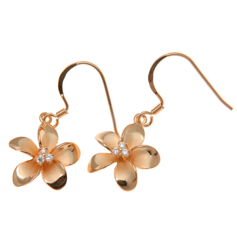 925 Silver Pink Rose Gold Hawaiian Plumeria Flower 3 CZ Wire Hook Earrings