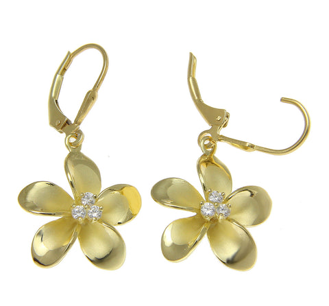 925 Sterling Silver Yellow Gold Hawaiian Plumeria Flower 3 CZ Leverback Earrings