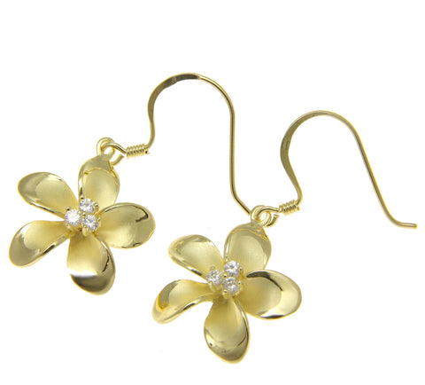 925 Sterling Silver Yellow Gold Hawaiian Plumeria Flower 3 CZ Wire Hook Earrings