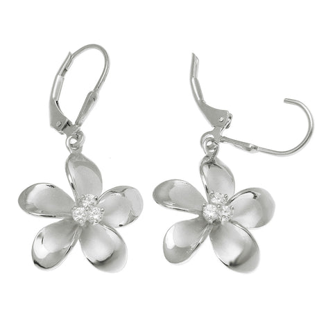 925 Sterling Silver Rhodium Hawaiian Plumeria Flower 3 CZ Leverback Earrings