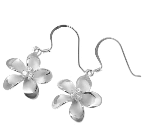 925 Sterling Silver Hawaiian Plumeria Flower 3 CZ Wire Hook Rhodium Earrings