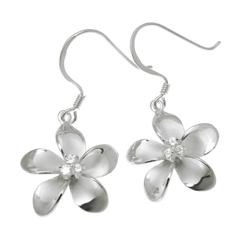 925 Sterling Silver Hawaiian Plumeria Flower 3 CZ Wire Hook Rhodium Earrings