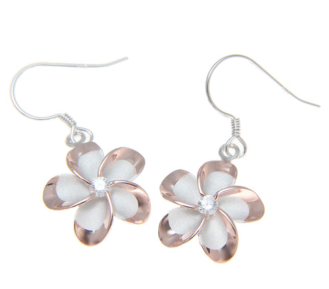 SILVER 925 RHODIUM PINK ROSE GOLD 15MM HAWAIIAN PLUMERIA FLOWER WIRE EARRINGS