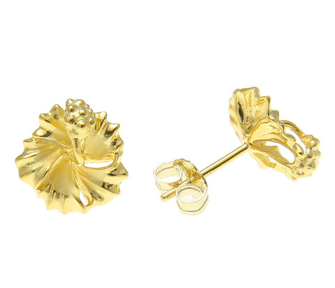 YELLOW GOLD ON SILVER 925 HAWAIIAN HIBISCUS FLOWER STUD POST EARRINGS 10MM-15MM