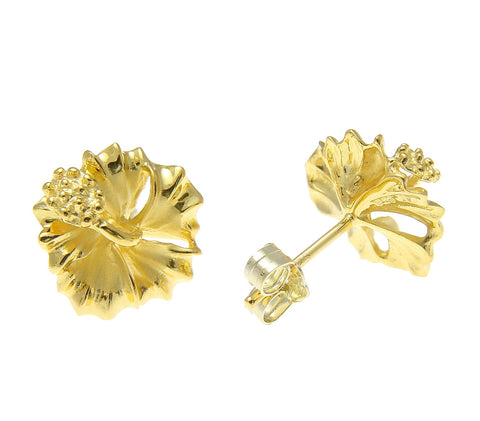 YELLOW GOLD ON SILVER 925 HAWAIIAN HIBISCUS FLOWER STUD POST EARRINGS 10MM-15MM