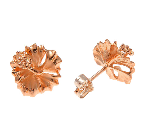 ROSE GOLD ON SILVER 925 HAWAIIAN HIBISCUS FLOWER STUD POST EARRINGS 10MM-15MM