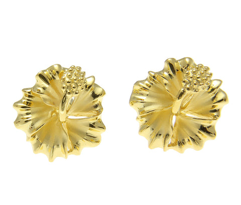 YELLOW GOLD ON SILVER 925 HAWAIIAN HIBISCUS FLOWER STUD POST EARRINGS 10MM-15MM