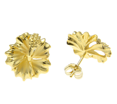 YELLOW GOLD ON SILVER 925 HAWAIIAN HIBISCUS FLOWER STUD POST EARRINGS 10MM-15MM