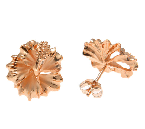 ROSE GOLD ON SILVER 925 HAWAIIAN HIBISCUS FLOWER STUD POST EARRINGS 10MM-15MM