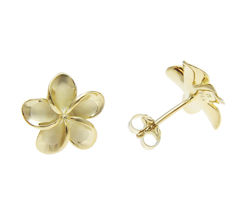 925 Silver Yellow Gold Hawaiian Plumeria Flower No CZ Stone Post Stud Earrings