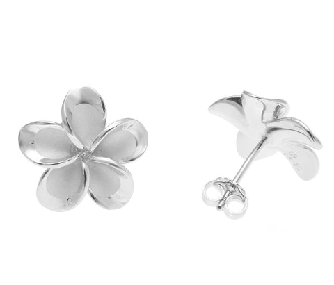 925 Silver Rhodium Hawaiian Plumeria Flower No CZ Stone Post Stud Earrings