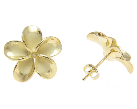 925 Silver Yellow Gold Hawaiian Plumeria Flower No CZ Stone Post Stud Earrings