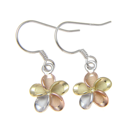 925 Silver Hawaiian Tricolor Plumeria Flower Hook Earrings No CZ Stone 8-18mm