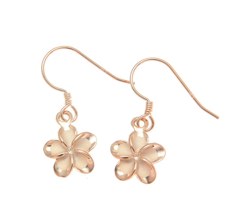 925 Silver Pink Gold Hawaiian Plumeria Flower No CZ Stone Wire Hook Earrings