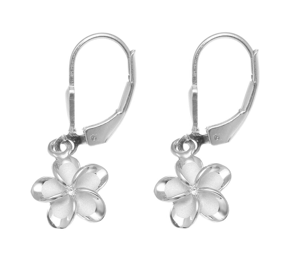 925 Silver Rhodium Hawaiian Plumeria Flower No CZ Stone Leverback Earrings