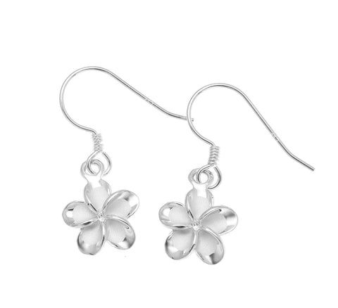 925 Silver Rhodium Hawaiian Plumeria Flower No CZ Stone Wire Hook Earrings