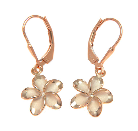 925 Silver Pink Gold Hawaiian Plumeria Flower No CZ Stone Leverback Earrings